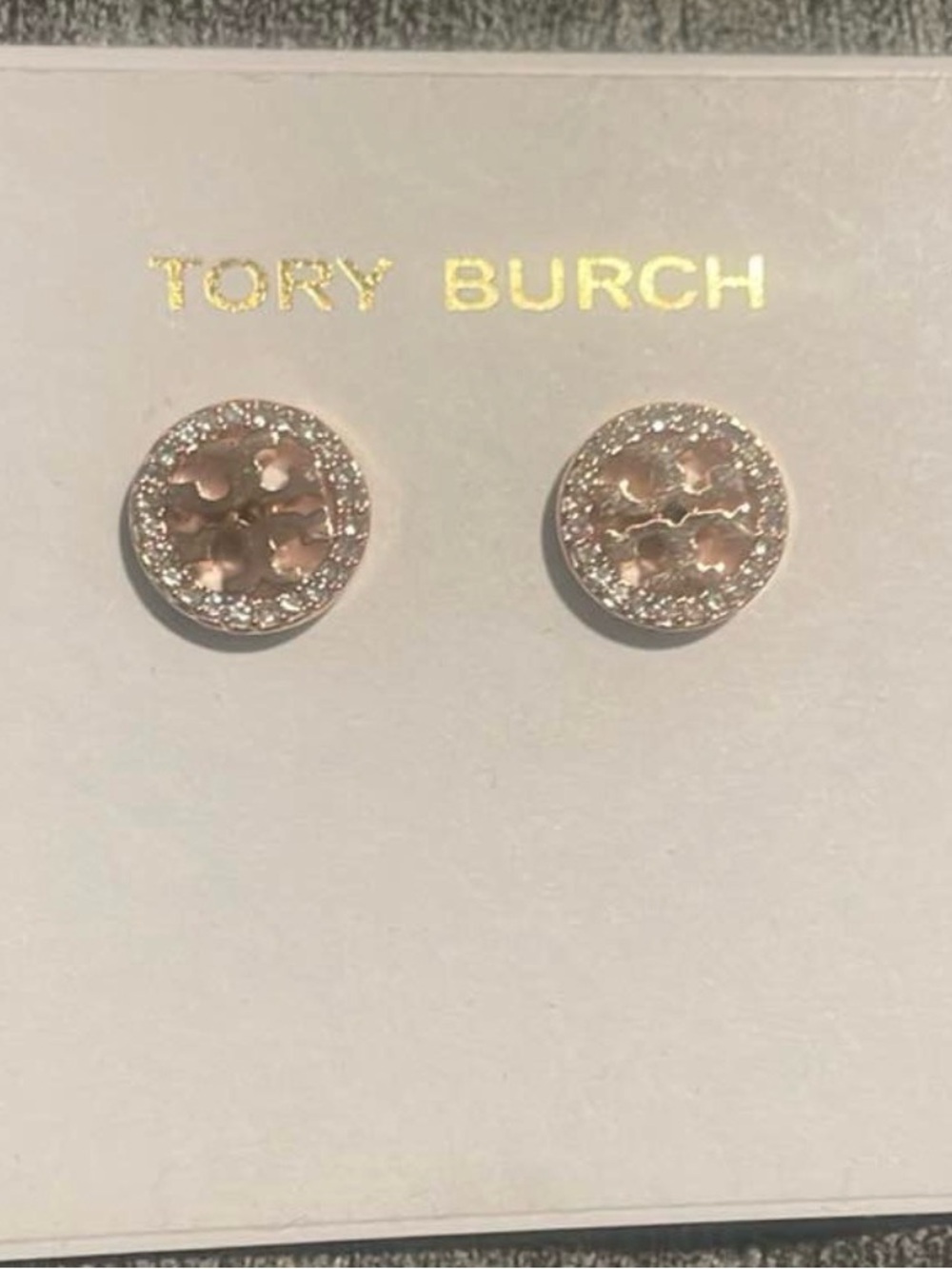 Tory Burch Rose Gold Crystal Logo Stud Earrings